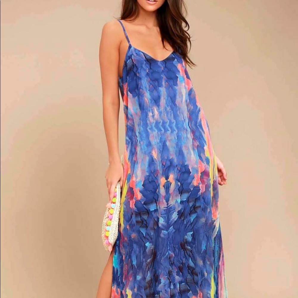 Lulus Flying Watercolors Royal Blue Print Maxi Dress XS